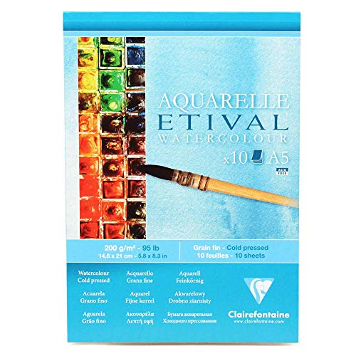 Clairefontaine 96301C Etival Matt Aquarellpapier Block (kopfseitig geleimt, 10 Blatt, DIN A5, 14,8 x 21 cm, feinkörnig, 100% Zellulose, 200 g) weiß von Clairefontaine