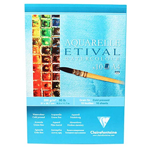 Clairefontaine 96302C Etival Matt Aquarellpapier Block (kopfseitig geleimt, 10 Blatt, DIN A4, 21 x 29,7 cm, feinkörnig, 100% Zellulose, 200 g) weiß von Clairefontaine