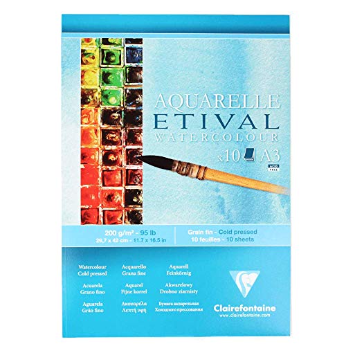 Clairefontaine 96303C Etival Matt Aquarellpapier Block (kopfseitig geleimt, 10 Blatt, DIN A3, 29,7 x 42 cm, feinkörnig, 100% Zellulose, 200 g) weiß von Clairefontaine