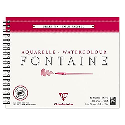 Clairefontaine 96314C Malblock, mit Doppelspirale Aquarellpapier Feinkörnig, Fontaine/Hadern, 24 x 30 cm, 12 Blatt, 300 g Packung, weiß von Clairefontaine