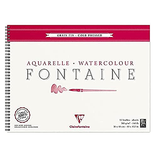 Clairefontaine 96315C Malblock, mit Doppelspirale Aquarellpapier Feinkörnig, Fontaine/Hadern, 30 x 40 cm, 12 Blatt, 300 g Packung, weiß von Clairefontaine