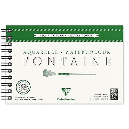 Clairefontaine 96319C Aquarellblock Fontaine (mit Doppelspirale, 12 Blatt, Grobkorn-Torchon, 100% Hadern, ideal für Nasstechniken, 300g, 12 x 18 cm) weiß von Clairefontaine