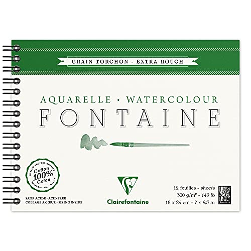 Clairefontaine 96320C Malblock, mit Doppelspirale Aquarellpapier Grobkorn-Torchon, Fontaine/Hadern, 18 x 24 cm, 12 Blatt, 300 g Packung, weiß von Clairefontaine