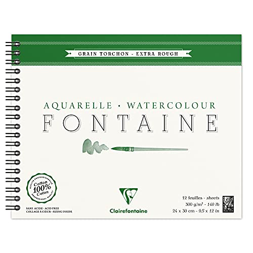 Clairefontaine 96321C Malblock, mit Doppelspirale Aquarellpapier Grobkorn-Torchon, Fontaine/Hadern, 24 x 30 cm, 12 Blatt, 300 g Packung, weiß von Clairefontaine