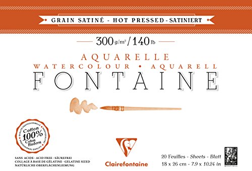 Clairefontaine 96343C Aquarellblock Fontaine Satiné (100% Hadern, feinkörnig, glatt, für Nass- und Trockentechniken geeignet, säurefrei, 300g, 18 x 26 cm, 20 Blatt) weiß von Clairefontaine