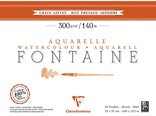 Clairefontaine 96344C Aquarellblock Fontaine Satiné (100% Hadern, feinkörnig, glatt, für Nass- und Trockentechniken geeignet, säurefrei, 300g, 23 x 31 cm, 20 Blatt) weiß von Clairefontaine