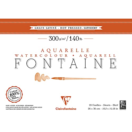 Clairefontaine 96345C Aquarellblock Fontaine Satiné (100% Hadern, feinkörnig, glatt, für Nass- und Trockentechniken geeignet, säurefrei, 300g, 26 x 36 cm, 2o Blatt) weiß von Clairefontaine