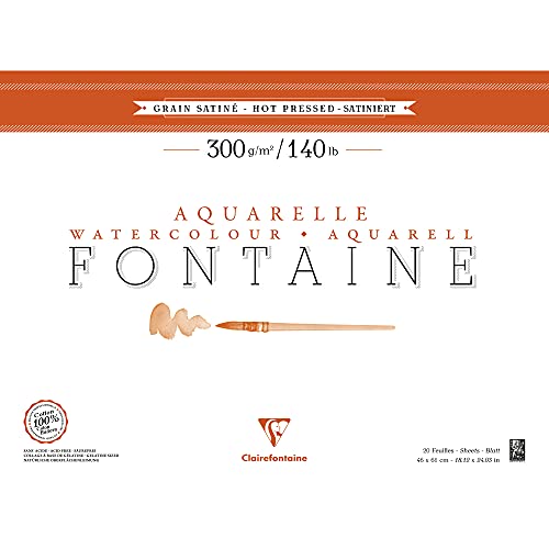 Clairefontaine 96347C Aquarellblock Fontaine Satiné (100% Hadern, feinkörnig, glatt, für Nass- und Trockentechniken geeignet, säurefrei, 300g, 46 x 61 cm, 20 Blatt) weiß von Clairefontaine