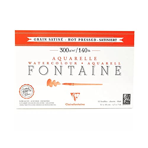 Clairefontaine 96348C Aquarelblock Fontaine Satiné (100% Hadern, feinkörnig, glatt, für Nass- und Trockentechniken geeignet, säurefrei, 300g, 12 Blatt) 12 x 18 cm, weiß von Clairefontaine