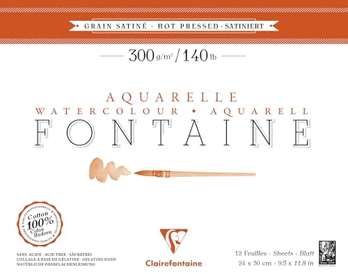 Clairefontaine 96349C Aquarellblock Fontaine Satiné (100% Hadern, feinkörnig, glatt, für Nass- und Trockentechniken geeignet, säurefrei, 300g, 14 x 30 cm, 12 Blatt) weiß von Clairefontaine