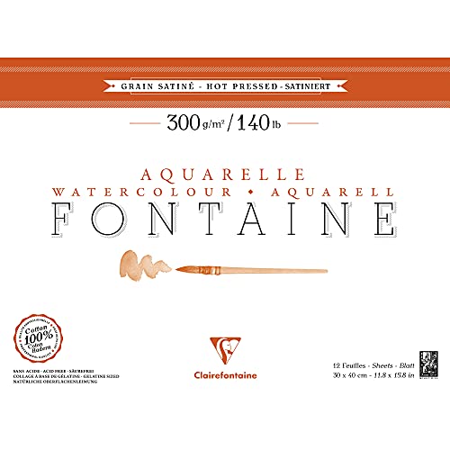 Clairefontaine 96351C Aquarellblock Fontaine Satiné (100% Hadern, feinkörnig, glatt, für Nass- und Trockentechniken geeignet, säurefrei, 300g, 30 x 40 cm, 12 Blatt) weiß von Clairefontaine