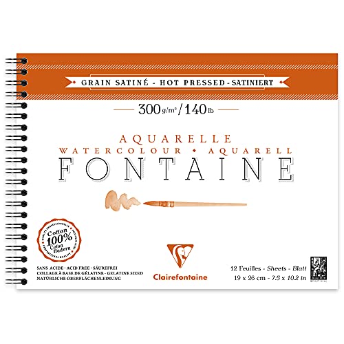 Clairefontaine 96352C Aquarellblock Fontaine Satiné (100% Hadern, feinkörnig, glatt, für Nass- und Trockentechniken geeignet, säurefrei, 300g, 19 x 26 cm, 12 Blatt) weiß von Clairefontaine