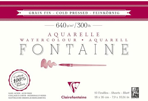 Clairefontaine 96357C Aquarellblock Fontaine (feinkörnig, 100% Hadern, 640g, 10 Blatt, hohe Reißfestigkeit, für Künstler, mit hohen Ansprüchen, ideal für Nasstechniken, 18 x 26 cm) weiß von Clairefontaine