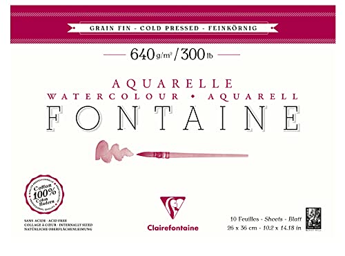 Clairefontaine 96358C Aquarellblock Fontaine (feinkörnig, 100% Hadern, 640g, 10 Blatt, hohe Reißfestigkeit, für Künstler, mit hohen Ansprüchen, ideal für Nasstechniken, 26 x 36 cm) weiß von Clairefontaine