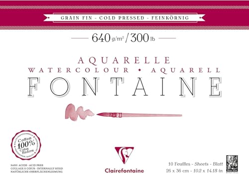 Clairefontaine 96358C Aquarellblock Fontaine (feinkörnig, 100% Hadern, 640g, 10 Blatt, hohe Reißfestigkeit, für Künstler, mit hohen Ansprüchen, ideal für Nasstechniken, 26 x 36 cm) weiß von Clairefontaine