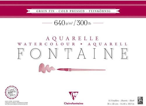 Clairefontaine 96359C Aquarellblock Fontaine (feinkörnig, 100% Hadern, 640g, 10 Blatt, hohe Reißfestigkeit, für Künstler, mit hohen Ansprüchen, ideal für Nasstechniken, 36 x 48 cm) weiß von Clairefontaine