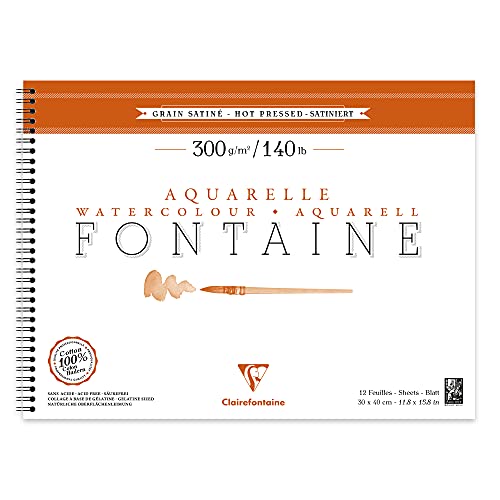 Clairefontaine 96364C Aquarellblock Fontaine Satiné (100% Hadern, feinkörnig, glatt, für Nass- und Trockentechniken geeignet, säurefrei, 300g, 30 x 40 g, 12 Blatt) weiß von Clairefontaine