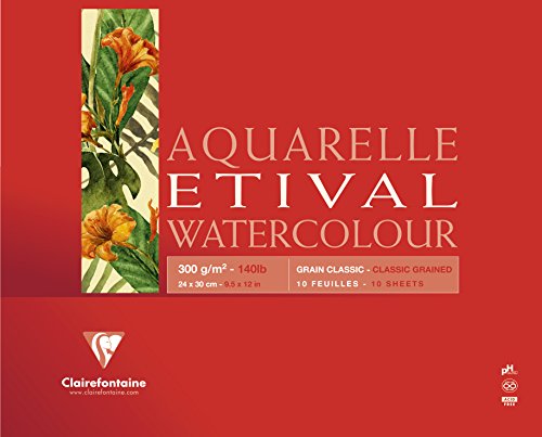 Clairefontaine 96396C Aquarellblock Etival (matt, 300g, für alle Nasstechniken geeignet, 4-seitig verleimt, 10 Blatt, 24 x 30 cm, ideal für Anfänger, säurefrei) weiß von Clairefontaine