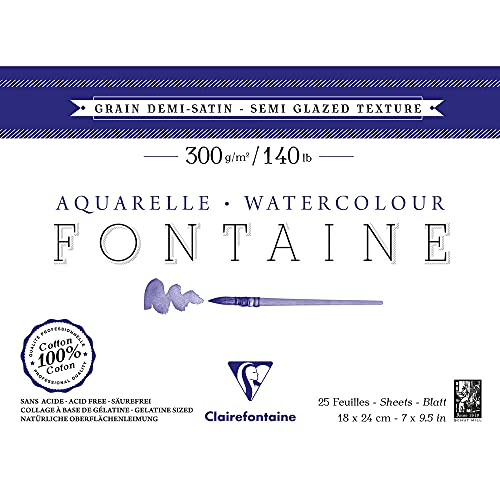 Clairefontaine 96405C Malblock, 4-seitig verleimt Aquarellpapier Halbsatiniert, Fontaine/Hadern, 12 x 18 cm, 25 Blatt, 300 g Packung, weiß von Clairefontaine