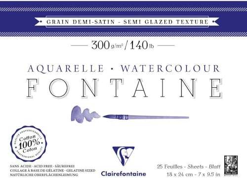 Clairefontaine 96405C Malblock, 4-seitig verleimt Aquarellpapier Halbsatiniert, Fontaine/Hadern, 12 x 18 cm, 25 Blatt, 300 g Packung, weiß von Clairefontaine