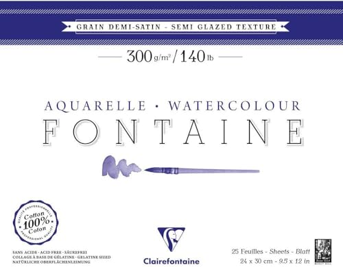 Clairefontaine 96406C Malblock, 4-seitig verleimt Aquarellpapier Halbsatiniert, Fontaine/Hadern, 24 x 30 cm, 25 Blatt, 300 g Packung, weiß von Clairefontaine