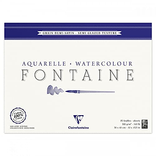 Clairefontaine 96407C Aquarellblock Fontaine (4-seitig verleimt, halbsatiniert, 100% Hadern, glatt, für präzise Arbeiten und Ausarbeitungen, ideal für Nasstechniken, 30 x 40 cm, 25 Blatt, 300g) weiß von Clairefontaine