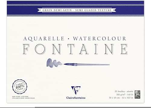 Clairefontaine 96407C Aquarellblock Fontaine (4-seitig verleimt, halbsatiniert, 100% Hadern, glatt, für präzise Arbeiten und Ausarbeitungen, ideal für Nasstechniken, 30 x 40 cm, 25 Blatt, 300g) weiß von Clairefontaine