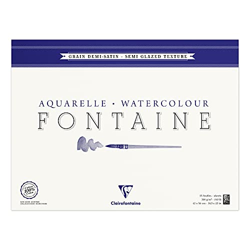 Clairefontaine 96409C Malblock, 4-seitig verleimt Aquarellpapier Halbsatiniert, Fontaine/Hadern, 42 x 56 cm, 25 Blatt, 300 g Packung, weiß von Clairefontaine