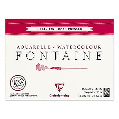 Clairefontaine 96413C Malblock, 4-seitig verleimt Aquarellpapier Feinkörnig, Fontaine/Hadern, 12 x 18 cm, 25 Blatt, 300 g Packung, weiß von Clairefontaine