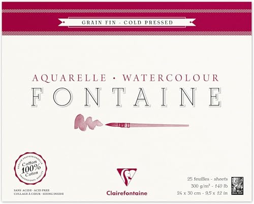 Clairefontaine 96414C Malblock, 4-seitig verleimt Aquarellpapier Feinkörnig, Fontaine/Hadern, 24 x 30 cm, 25 Blatt, 300 g Packung, weiß von Clairefontaine