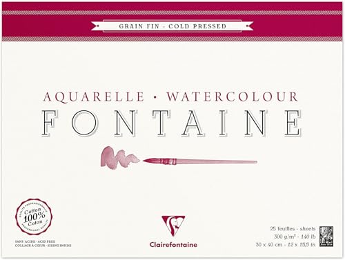 Clairefontaine 96415C Malblock, 4-seitig verleimt Aquarellpapier Feinkörnig, Fontaine/Hadern, 30 x 40 cm, 25 Blatt, 300 g Packung, weiß von Clairefontaine