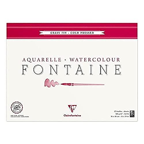 Clairefontaine 96416C Malblock, 4-seitig verleimt Aquarellpapier Feinkörnig, Fontaine/Hadern, 36 x 48 cm, 25 Blatt, 300 g Packung, weiß von Clairefontaine