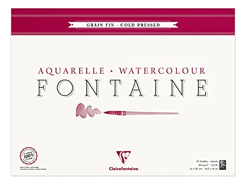 Clairefontaine 96417C Malblock, 4-seitig verleimt Aquarellpapier Feinkörnig, Fontaine/Hadern, 42 x 56 cm, 25 Blatt, 300 g Packung, weiß von Clairefontaine