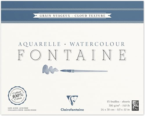 Clairefontaine 96421C Malblock, 4-seitig verleimt Aquarellpapier Torchon Wolke, Fontaine/Hadern, 24 x 30 cm, 15 Blatt, 300 g Packung, weiß von Clairefontaine