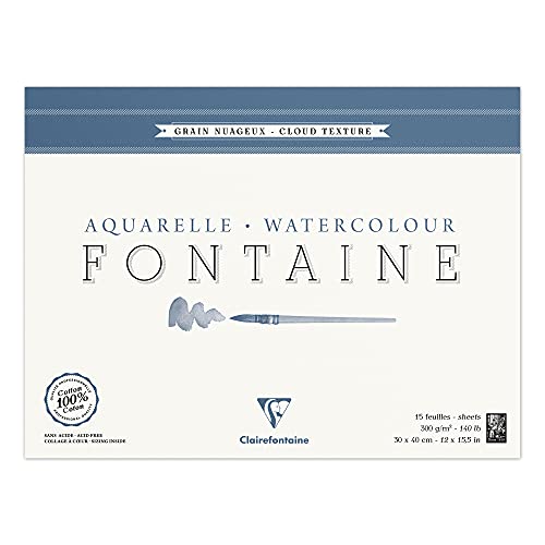 Clairefontaine 96422C Malblock, 4-seitig verleimt Aquarellpapier Torchon Wolke, Fontaine/Hadern, 30 x 40 cm, 15 Blatt, 300 g Packung, weiß von Clairefontaine