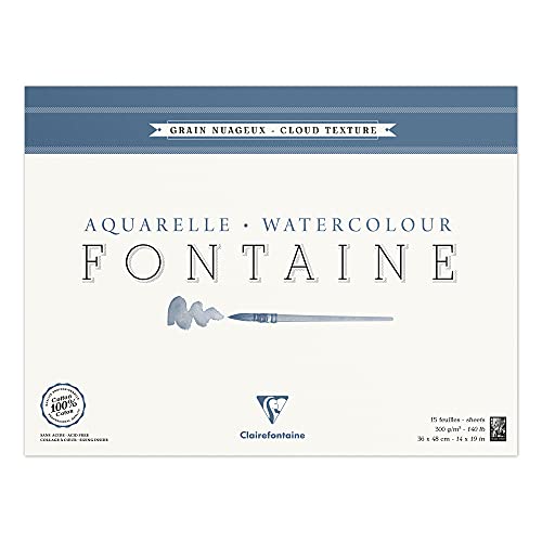 Clairefontaine 96423C Malblock, 4-seitig verleimt Aquarellpapier Torchon Wolke, Fontaine/Hadern, 36 x 48 cm, 15 Blatt, 300 g Packung, weiß von Clairefontaine