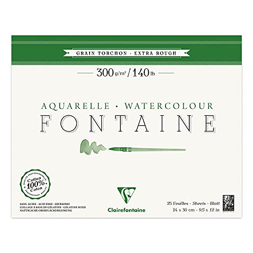 Clairefontaine 96429C Malblock, 4-seitig verleimt Aquarellpapier Grobkorn Torchon, Fontaine/Hadern, 24 x 30 cm, 25 Blatt, 300 g Packung, weiß von Clairefontaine