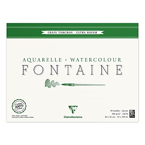 Clairefontaine 96430C Malblock, 4-seitig verleimt Aquarellpapier Grobkorn Torchon, Fontaine/Hadern, 30 x 40 cm, 25 Blatt, 300 g Packung, weiß von Clairefontaine