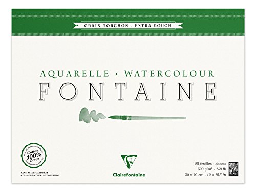 Clairefontaine 96430C Malblock, 4-seitig verleimt Aquarellpapier Grobkorn Torchon, Fontaine/Hadern, 30 x 40 cm, 25 Blatt, 300 g Packung, weiß von Clairefontaine