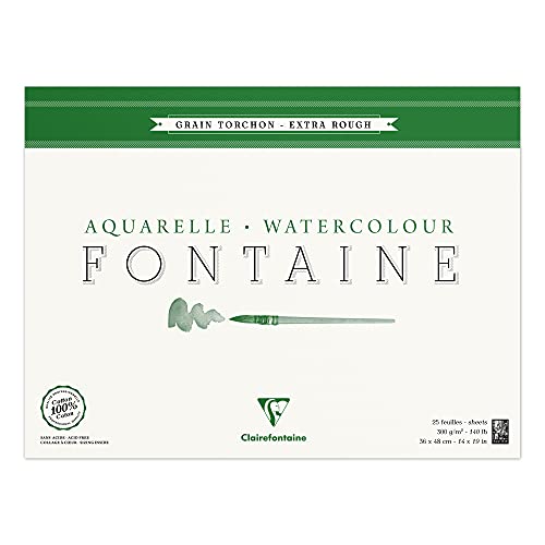 Clairefontaine 96431C Malblock, 4-seitig verleimt Aquarellpapier Grobkorn Torchon, Fontaine/Hadern, 36 x 48 cm, 25 Blatt, 300 g Packung, weiß von Clairefontaine