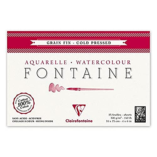 Clairefontaine 96436C Malblock Kopfseitig Geleimt Aquarellpapier Feinkörnig, Fontaine/Hadern, 10 x 15 cm Postkartenformat, 25 Blatt, 300 g Packung, weiß von Clairefontaine