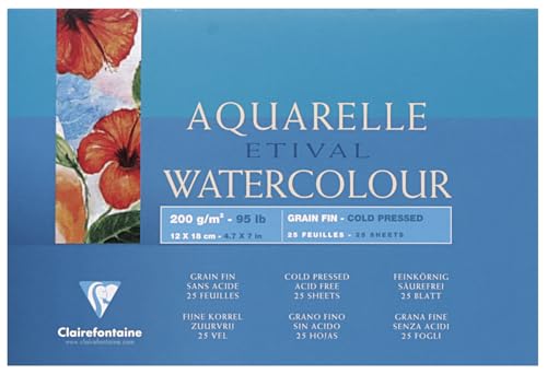 Clairefontaine 96452C Malblock, 4-seitig verleimt Aquarellpapier Feinkörnig, Etival/Zellulose, 12 x 18 cm, 25 Blatt, 200 g Packung, weiß von Clairefontaine