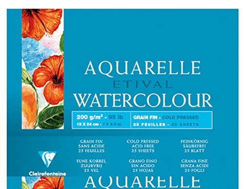 Clairefontaine 96453C Aquarellblock Etival (4-seitig verleimt, 25 Blatt, 200g, für alle Nasstechniken geeignet, feinkörnig, 100% Zellulose, 18 x 24 cm) weiß von Clairefontaine