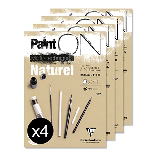 Clairefontaine 96539C - Packung mit 4 Blöcken Paint´ON Naturel, DIN A5, kopfseitig geleimt, 30 Blatt, 250g, Sand, 1 Pack von Clairefontaine