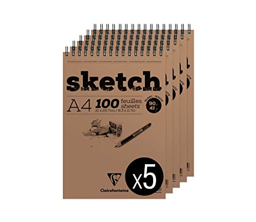 Clairefontaine 96604C - Packung mit 5 Skizzenblöcken mit Doppelspirale, SKETCH-Papier, DIN A4 21x29,79cm, weißes Zeichenpapier 100 Blatt, 90g, 1 Pack Clairefontaine 96604C - Packung mit 5 Skizzenblöcken mit Doppelspirale, SKETCH-Papier, DIN A4 21x29,79cm, weißes Zeichenpapier 100 Blatt, 90g, 1 Pack von Clairefontaine