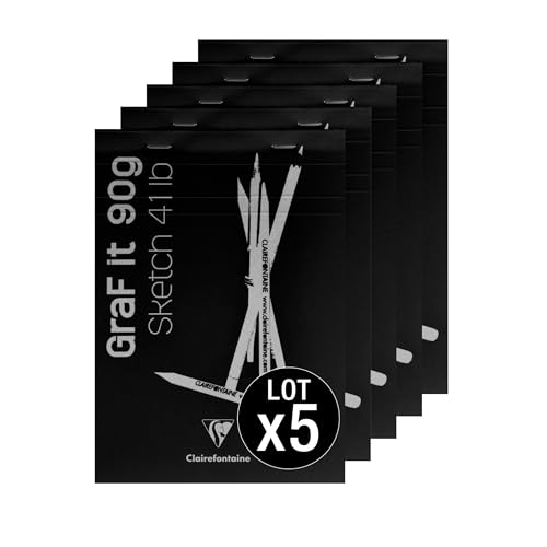 Clairefontaine 96618Cpack - Packung 5 Zeichenblock/Memoblock GraF'it geheftet, 80 Blatt Zeichenpapier blanko 90g, DIN A6 10,5x14,8 cm 90g, Einband Schwarz, 1 Pack von Clairefontaine