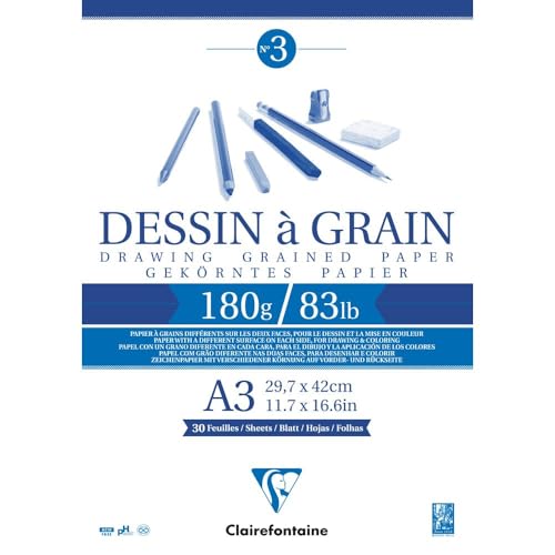 Clairefontaine 96622C Zeichenblock Kopfseitig Geleimt Dessin a Grain, Din A3 29 x 42 cm, 30 Blatt, 180 g, weiß von Clairefontaine