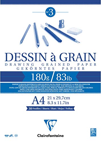 Clairefontaine 96624C - Zeichenblock Dessin à grain, kopfseitig geleimt, gekörntes Zeichenpapier, ideal für Skizzen, DIN A4, 21 x 29.7 cm, 30 Blatt, 180 g, weiß, 1 Stück von Clairefontaine