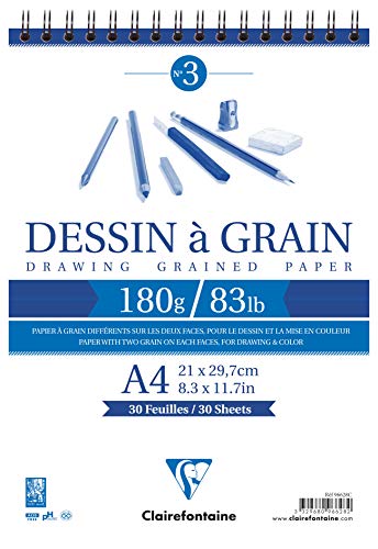 Clairefontaine 96628C - Zeichenblock mit Doppelspirale Dessin a Grain, Din A4, 21 x 29.7 cm, 30 Blatt, 180 g, weiß, 1 Stück von Clairefontaine