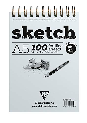 Clairefontaine 96646C - Skizzenblock mit Doppelspirale Sketch-Papier 90g, DIN A5, 14.8 x 21 cm, 100 Blatt, feinkörnig, abtrennbar, Elfenbein, 1 Stück Clairefontaine 96646C - Skizzenblock mit Doppelspirale Sketch-Papier 90g, DIN A5, 14.8 x 21 cm, 100 Blatt, feinkörnig, abtrennbar, Elfenbein, 1 Stück von Clairefontaine